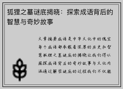 狐狸之墓谜底揭晓：探索成语背后的智慧与奇妙故事